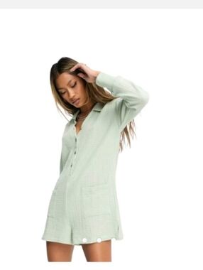 Women’s Cream Long-Sleeve Romper with Button Placket